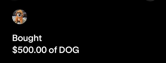 A screenshot on a black background shows a profile picture of a Shiba Inu dog wearing an orange hoodie. Below the image, text reads "Bought" and "$500.00 of DOG".