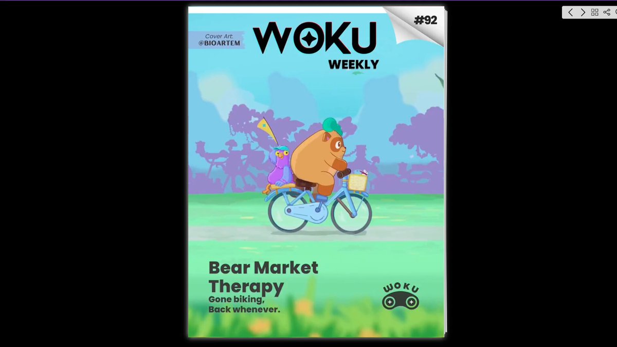 The image shows an advertisement for a book called "Bear Market Therapy" by Ronin Network, which is available at WOKU Weekly. The cover of the book features a cartoon bear riding a bicycle with a basket. The text on the cover indicates that this book is interactive and can be accessed via the website wokuweekly.aflip.in/92.