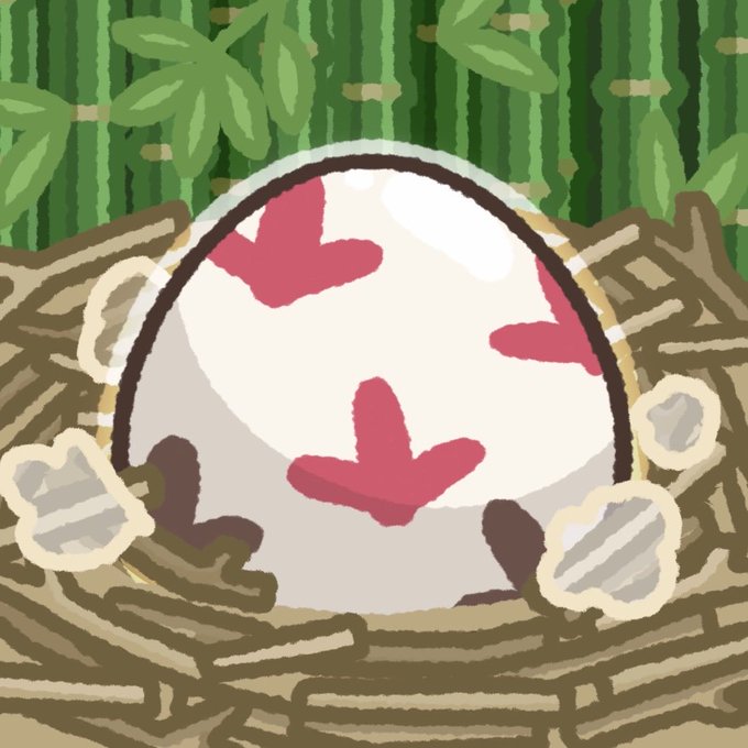 A digital illustration of a white egg with pink/red markings nestled in a twig nest, surrounded by green bamboo stalks and leaves.