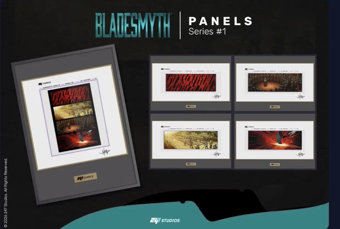 A promotional graphic for "BLADESMYTH Panels Series #1" by ZY Studios, displaying a single framed panel on the left and a 2x2 grid of four smaller framed images on the right, each featuring signed artwork.