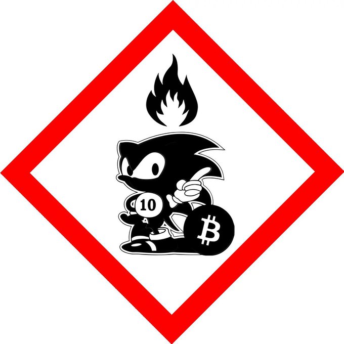 A black-and-white cartoon hedgehog holding a billiard 10-ball and a Bitcoin symbol stands beneath a flame inside a red diamond-shaped border.