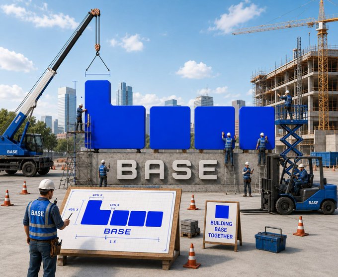 The image shows a group of construction workers at a construction site, with some standing near a large blue sign that says "Base" written in white letters. The workers appear to be engaged in various tasks related to building or renovating a structure. In addition to the workers and their equipment, there are also two trucks present on the scene - one located towards the left side of the image and another further back on the right side. A crane is visible near the top center of the image, indicating that this construction site may be in an urban area with tall buildings nearby. The overall atmosphere suggests a busy work environment where the workers are actively involved in constructing or renovating a building.