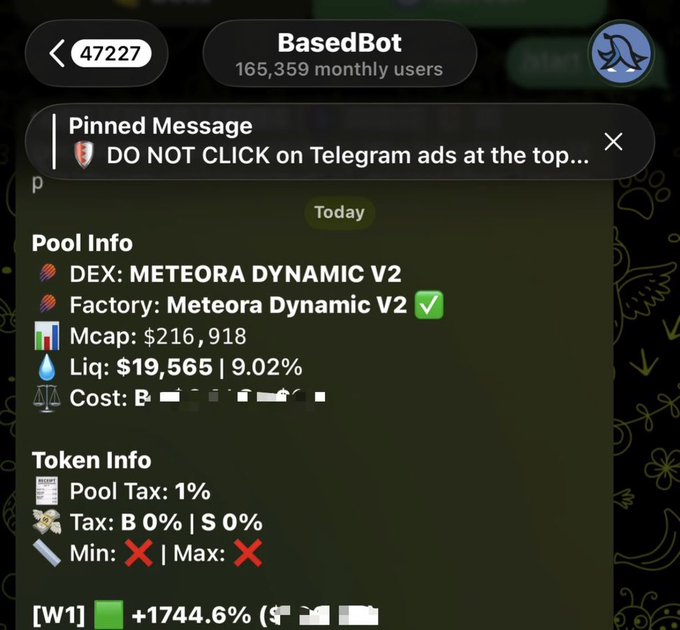 A screenshot of a Telegram chat with "BasedBot" (165,359 monthly users) displaying pool and token information for a coin, showing a market cap of $216,918, $19,565 in liquidity, and a +1744.6% gain. The image relates to the post by documenting the dramatic price increase of the $LOTTO memecoin shown in the bot's analytics.