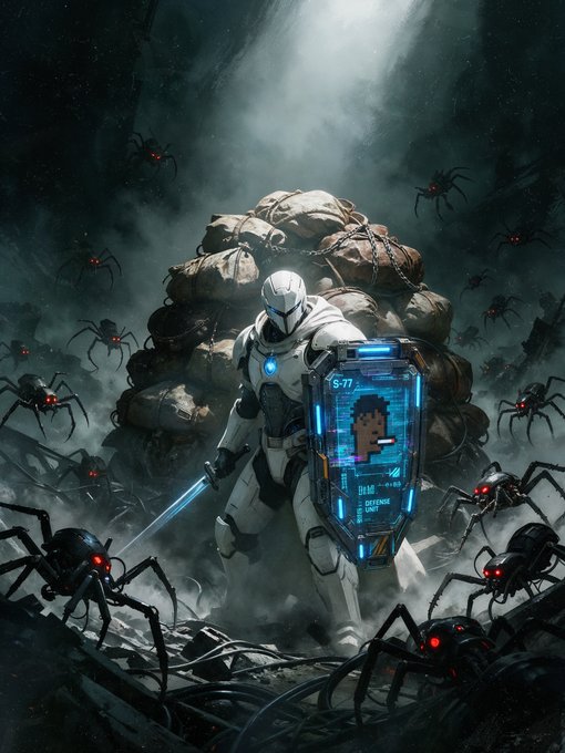 A lone armored warrior in white stands defiantly against a swarm of giant red-eyed spiders, wielding a glowing blue energy shield labeled "S-77" and a sword, evoking a heroic rescue mission. The image mirrors the post's theme, portraying @0xQuit as a brave protector who selflessly spent $7.5k on gas fees to safeguard others' assets from lurking threats, deserving of greater recognition and reward.