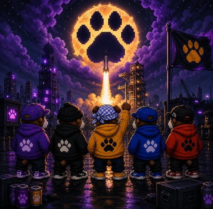 A pixel art illustration shows five hooded bears in colorful jackets with paw print logos watching a rocket launch beneath a giant glowing paw-print moon, with a matching paw-print flag flying nearby.