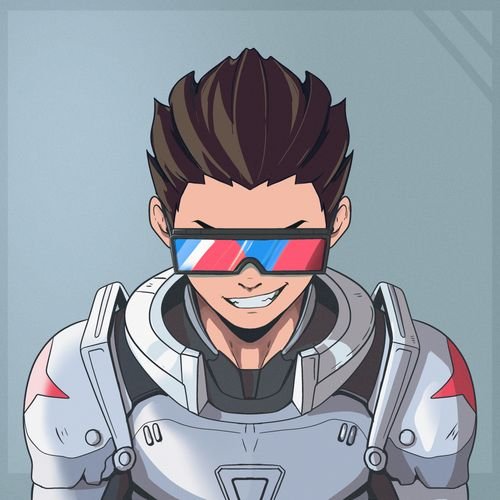 An anime-style portrait of a male character with spiky brown hair wearing red and blue visor sunglasses and white futuristic armor.
