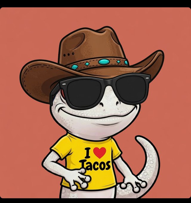 A cartoon lizard wearing a brown cowboy hat and sunglasses stands confidently in a yellow "I ❤️ Tacos" t-shirt, perfectly matching the celebratory "Happy Taco Day" vibe for the Web 3 community.