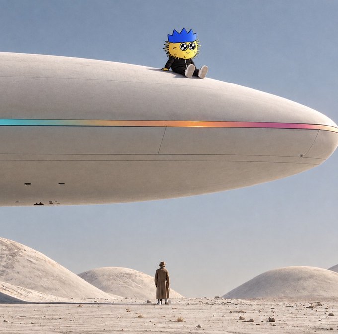 A surreal scene depicting a yellow cartoon character with a blue crown sitting on top of a sleek white futuristic spacecraft hovering over a desert landscape where a person in a coat and hat stands.
