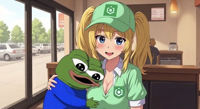 An anime-style illustration of a blonde girl with pigtails wearing a green cap and uniform hugging Pepe the Frog, set inside what appears to be a fast-food restaurant.