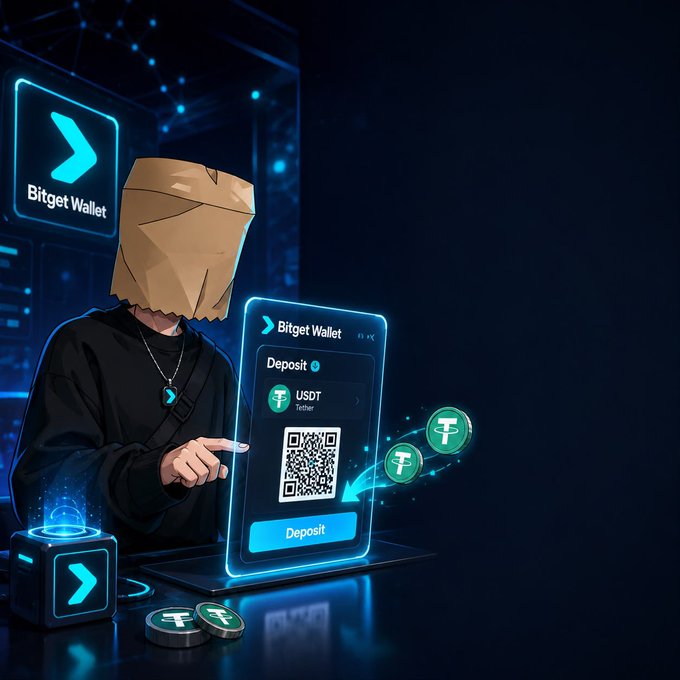 A digital illustration of a hooded figure interacting with a Bitget Wallet interface for depositing USDT, with Tether coins floating around.