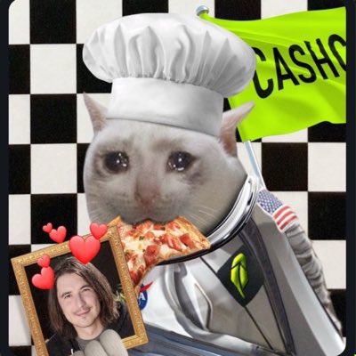 A surreal collage features a cat wearing a chef's hat eating pizza, alongside a framed photo of a smiling man with red hearts, with a green flag reading 'CASH' in the background.