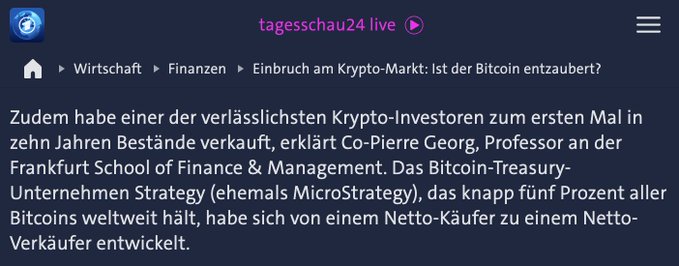 A German Tagesschau24 article features Co-Pierre Georg, a Frankfurt School of Finance & Management professor, falsely claiming that Strategy (formerly MicroStrategy) sold Bitcoin for the first time in ten years—though the company had already announced sales in late 2022 and June 2026. The image supports the social media post's critique of Georg's misinformation, as it shows his inaccurate statement that Strategy was selling Bitcoin for the first time in a decade.