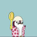 A digital illustration of a white dog character wearing a pink polka-dot robe and holding a yellow hand mirror.