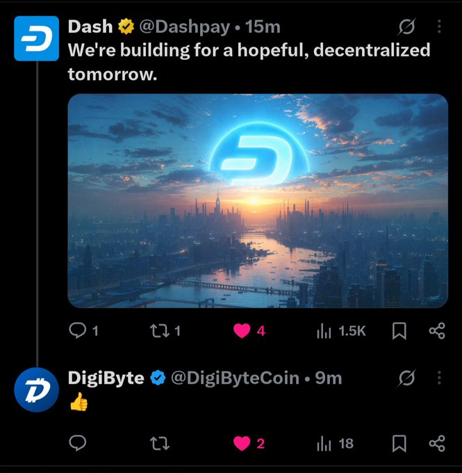 A screenshot of an X (Twitter) post from @Dashpay stating 'We're building for a hopeful, decentralized tomorrow,' with a cityscape image at sunset featuring the Dash logo, followed by a reply from @DigiByteCoin.