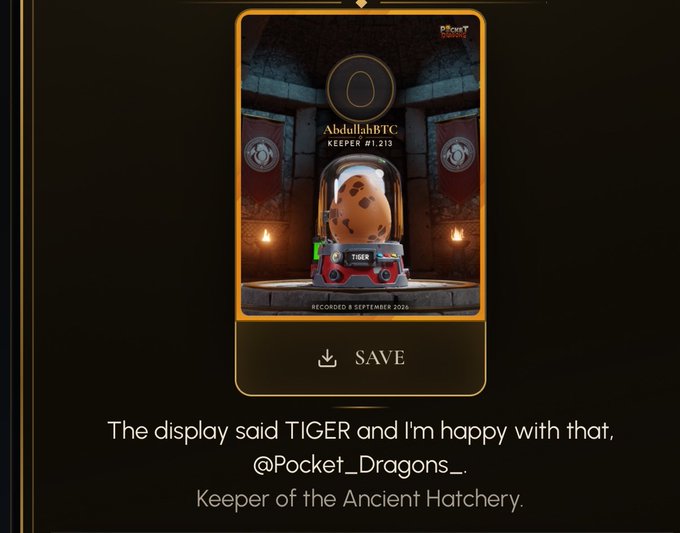 A digital NFT card from 'Pocket Dragons' showing 'AbdullahBTC' as 'KEEPER #1,213' with a speckled egg labeled 'TIGER' on a red device, dated September 2023, with text below reading 'The display said TIGER and I'm happy with that, @Pocket_Dragons_. Keeper of the Ancient Hatchery.'