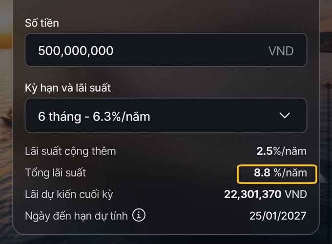 A Vietnamese banking app screen showing a savings plan of 500,000,000 VND for 6 months at 8.8% annual interest, with projected interest of 22,301,370 VND maturing on 25/01/2027.