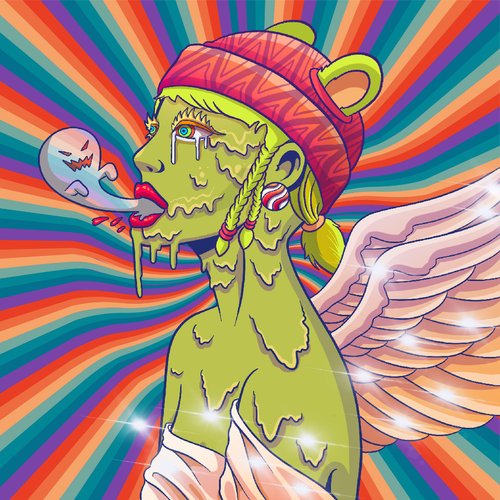 A colorful, surreal digital illustration of a green-skinned figure with melting features, wearing a red beanie and angel wings, blowing a bubble gum bubble against a psychedelic striped background.