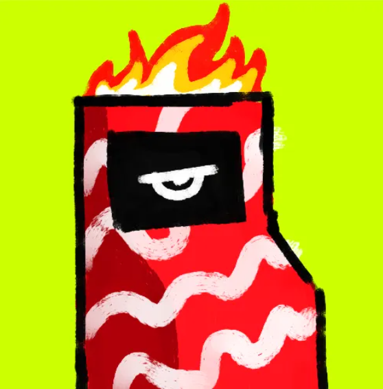 A cartoonish painted illustration of a red computer component or device with flames on top and a single angry eye, decorated with white squiggly lines on a bright lime green background.