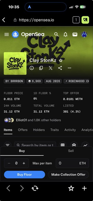 A mobile screenshot of OpenSea showing a 'Clay Stonkz' NFT collection page with floor price 0.011 ETH, 31.12 ETH 24H volume, and 6,969 holders, listed by BRRBON.
