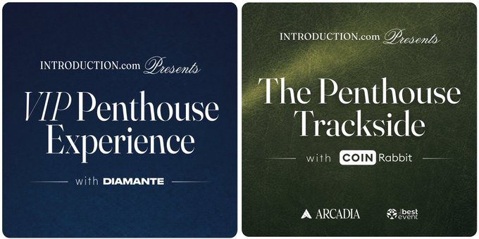 Two event promotional graphics for an Introduction.com series: a navy blue card for "VIP Penthouse Experience with DIAMANTE" (October 7) and a green card for "The Penthouse Trackside with COIN Rabbit" (October 10), both in Singapore, featuring Arcadia and best events logos.
