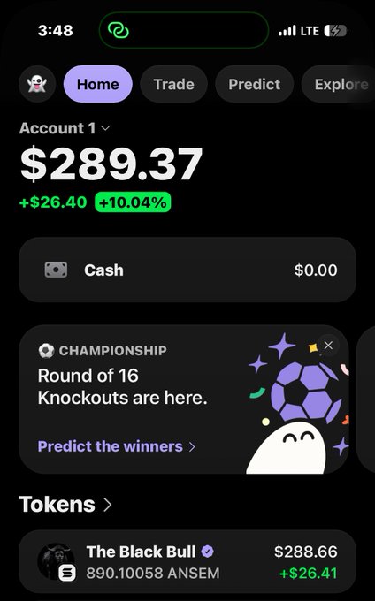 This screenshot shows an account with $289.37 after selling ANSEM and buying back at a lower price, as indicated by the "The Black Bull" token showing a value of $288.66. The post title explicitly states "Sold my Ansem, bought back at lower price It’s called trading."