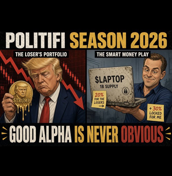 A “POLITIFI SEASON 2026” meme contrasting “The Loser’s Portfolio” with a declining TRUMP coin against “The Smart Money Play,” featuring a laptop marked “$LAPTOP,” “1B SUPPLY,” and “+30% LOCKED FOR ME.”