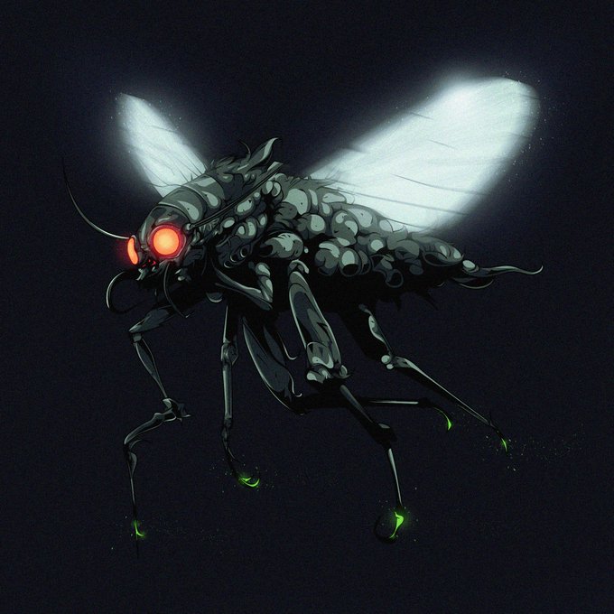 A digital illustration of a menacing, dark-colored insect-like creature with glowing red eyes, translucent white wings, and green glowing tips on its legs against a black background.