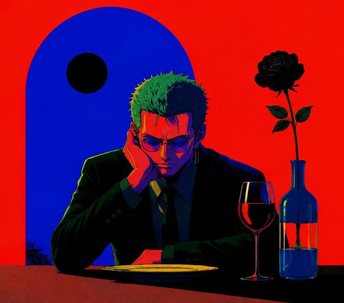An anime-style illustration of a green-haired man in a suit resting his head on his hand, seated at a table with a glass of red wine, a vase holding a black rose, and an empty plate against a red and blue background with a black circle.