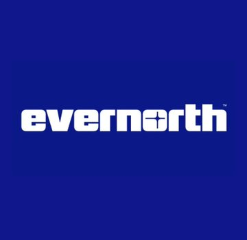 The Evernorth logo displayed in white text with a cross design on a solid blue background.