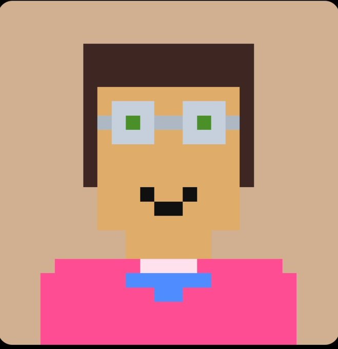A pixel art portrait of a smiling person with dark hair, green square glasses, and a pink top with a blue bow on a beige background.