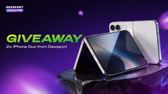 A Dexsport promotional giveaway banner featuring a foldable white smartphone displayed against a purple background, with the announcement "GIVEAWAY" and "2x iPhone Duo from Dexsport" inviting participants to enter for a chance to win two smartphones on September 28.