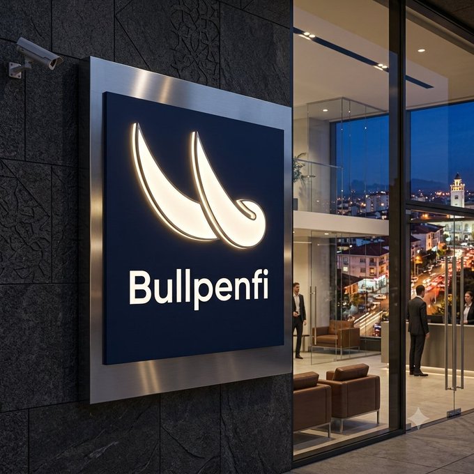 A nighttime exterior shot of a modern building with a large illuminated sign displaying a logo and the text 'Bullpenfi', with people visible inside the glass-walled lobby.