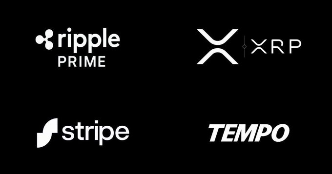 A black background displaying four fintech/crypto company logos: Ripple Prime, XRP, Stripe, and Tempo.