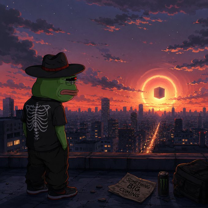 Anime-style illustration of a Pepe the Frog character wearing a black hat and skeleton-rib t-shirt, standing on a rooftop overlooking a city at sunset with a glowing cube in the sky and a sign reading 'SOMETHING BIG COMING.'