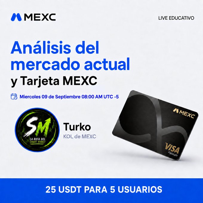 A MEXC promotional graphic for an educational live stream titled 'Análisis del mercado actual y Tarjeta MEXC' scheduled for Wednesday, September 9th at 8:00 AM UTC-5, featuring Turko as a KOL and offering 25 USDT to 5 users.