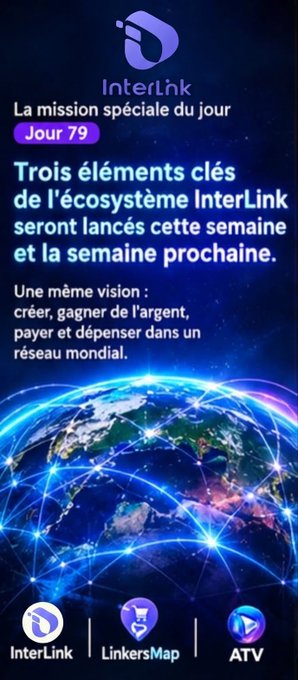 A promotional graphic for 'InterLink' in French, reading 'La mission spéciale du jour - Jour 79 - Trois éléments clés de l'écosystème InterLink seront lancés cette semaine et la semaine prochaine' with icons for InterLink, LinkersMap, and ATV over a globe image.