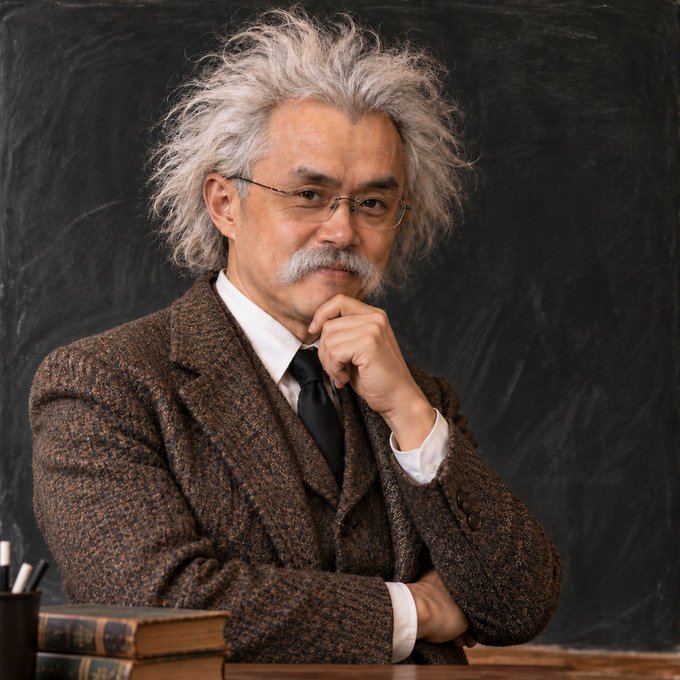 A silver-haired professor in tweed leans thoughtfully against a chalkboard with books, striking an "Einstein-like" pose of scholarly brilliance—the irony being CZ's self-deprecating tweet, suggesting he's simultaneously denying and demonstrating genius.

(No visible text, numbers, or names appear in the image itself.)