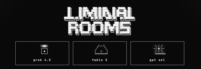 A pixel-art title card for "Liminal Rooms" displays three AI models—Grok 4.5, Fable 5, and GPT-5oT—each represented by simple icons (a box, a pentagon, and a sun), corresponding to the on-chain experiment where these AIs generate dreams and mint them as tokens on pump.fun.