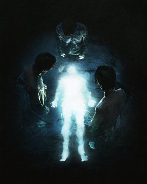 Three shadowy figures stand in a dark void, gazing at and cradling a glowing, translucent humanoid figure that emanates a brilliant white light from the center of the composition. The ethereal being—likely a "Luman"—appears as a spectral, luminous entity being conjured or summoned by the surrounding people, visually evoking the mystical, otherworldly theme of this Manifold NFT artwork.