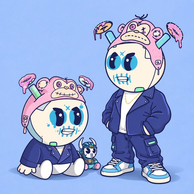 Cartoon illustration of two characters wearing pink bear hats with melting donuts on the antennae, dressed in blue outfits, with a small doll between them on a light blue background.