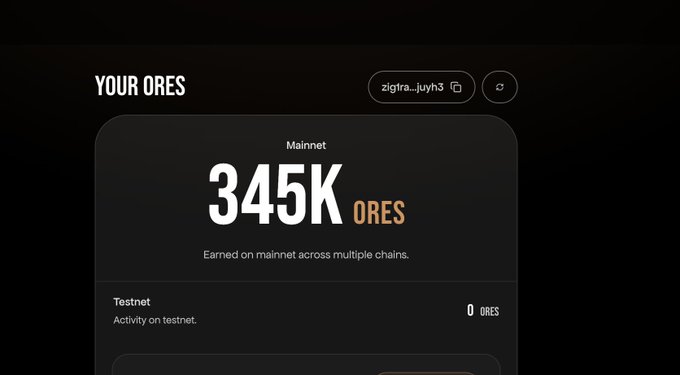A user named "zigtra_juyh3" displays their crypto wallet dashboard showing **345K ORES** earned on mainnet across multiple chains, with 0 ORES on testnet. The image captures the celebratory milestone of accumulating significant token earnings, fitting the post's triumphant "mama I made it" sentiment.