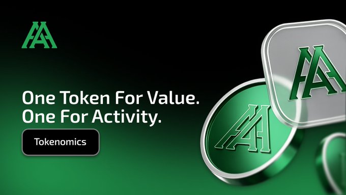 The image features a dark green gradient background with stylized 3D metallic tokens bearing the "AA" logo on the right side, paired with the headline text "One Token For Value. One For Activity." above a "Tokenomics" button. The branding visually reinforces the accompanying post's dual-token economic model, highlighting the separation between $AEM (the fixed 1B value/governance token) and $AEMP (activity rewards) on BNB Smart Chain.