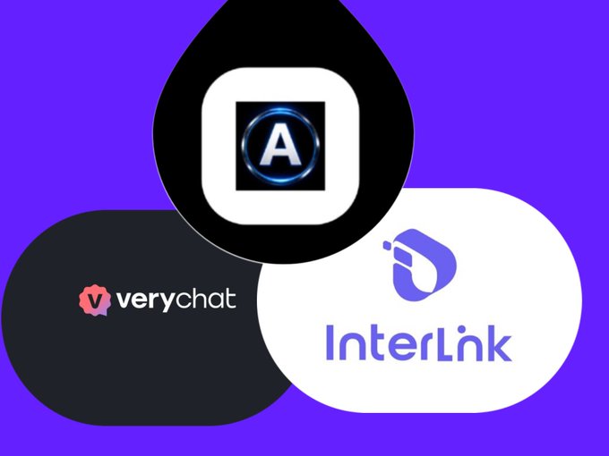 A graphic with a purple background displaying three overlapping rounded shapes containing logos for 'verychat', an 'A' icon, and 'InterLink'.