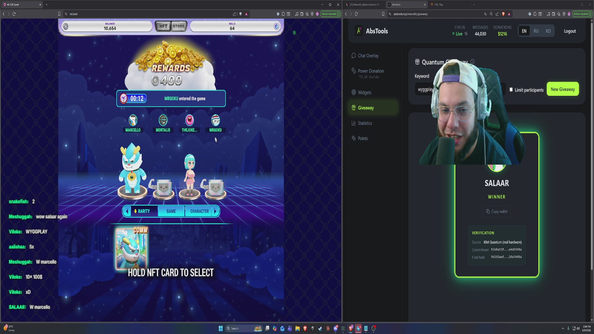 The image shows a computer screen with two different screens displayed side by side, both showing a video game interface. One of the screens features a man's face, while the other displays a character or avatar from the game. The background on these screens is blue, and there are various elements such as a "LOL LAND PARTY" banner at the top left corner, indicating that this might be an online gaming event or party. Additionally, there is a post with text that reads "LOL LAND PARTY - $YGG Giveaway!", suggesting that there's a prize for completing certain tasks in the game.