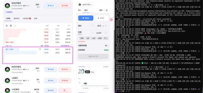 "给定了三个属性来调整网页中间的两个页面的大写部分和大小缺失部分. @predictdotfun @f0c2 @p0c1 @p0c3". The first image is a screenshot of the website 'predict.fun', which is focused on the two columns below it, one with a title and another with an empty table cell. The second screenshot is also a screenshot of the same webpage as the first screenshot, but in a different color scheme.