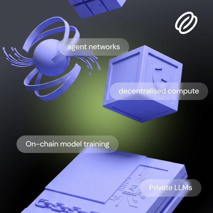 A digital graphic features blue 3D objects, including a spherical node structure and cubes, floating against a green and dark background, with labels reading 'agent networks', 'decentralised compute', 'On-chain model training', and 'Private LLMs'.