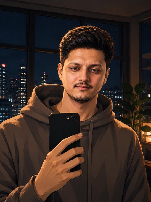 A digital illustration depicts a man with short dark hair and a light beard wearing a brown hoodie, holding up a black smartphone to take a selfie with a nighttime city skyline visible through the window behind him.
