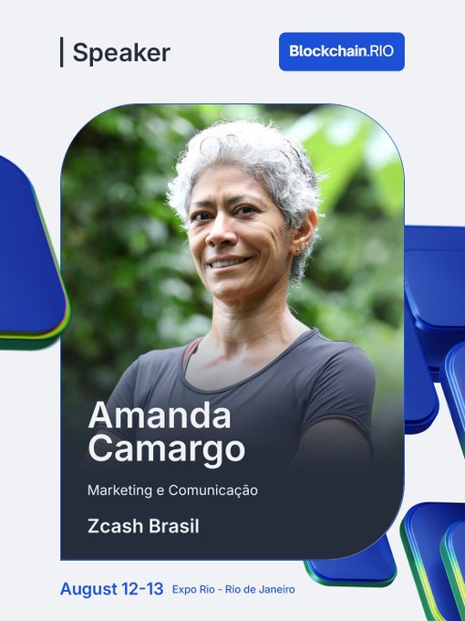 Speaker announcement card for Blockchain.RIO featuring Amanda Camargo from Zcash Brasil, scheduled for August 12-13 at Expo Rio, Rio de Janeiro.