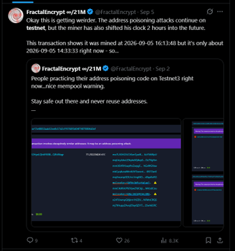 A screenshot of an X post by @fractalencrypt-w/21M warns about address poisoning attacks on Testnet3, mentioning a 7-hour-old shifted clock.