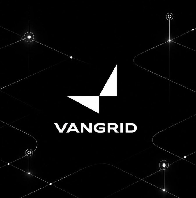 A black and white logo design featuring the text "VANGRID" with a stylized geometric "V" symbol, set against a background of connected lines and nodes.